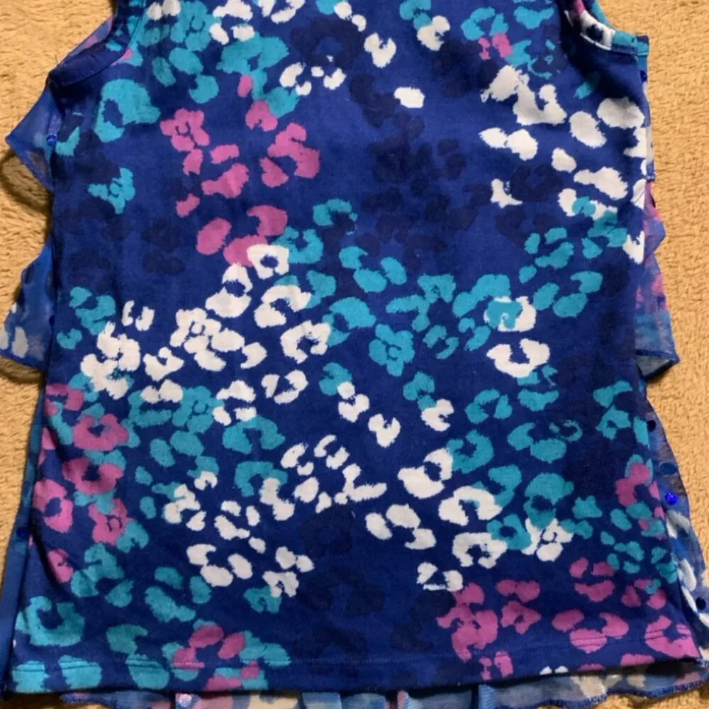 Justice Girls 7 Blue Cheetah Print Layered TieredRuffle Sequins Mesh Tank Top‎